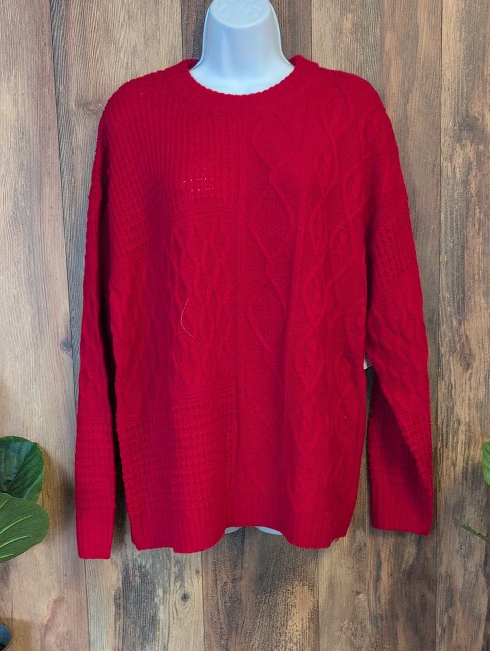 Time and Tru Red Cable Knit Crewneck Crop Sweater NWT XL W382
